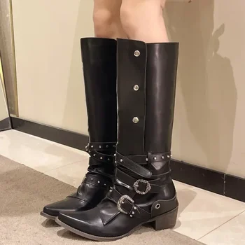 Женские черные ботинки Metal Doctor на толстом каблуке, осенние ботинки из искусственной кожи с острым носком до середины икры, женские мотоциклетные ботинки, Большой размер 43